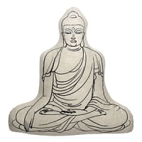 The visage of Buddha brings a quiet, serene quality to any space. This pebble colored, canvas pillow with storm grey embroidery illustrates the enlightened one's face on the face, and his back on the reverse.