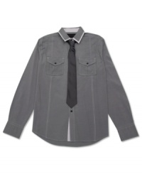 No need to figure out what tie will go with this sharp collar shirt. No Retreat keeps it simple with this matching tie and shirt combo set. No need to figure out what tie will go with this sharp collar shirt. No Retreat keeps it simple with this matching tie and shirt combo set.