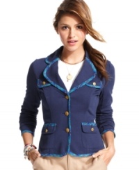Rock the hallways in this blazer from Tommy Girl! Crest buttons and plaid trims enhances the layer with super-preppy style. Rock the hallways in this blazer from Tommy Girl! Crest buttons and plaid trims enhances the layer with super-preppy style.
