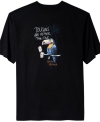 Boasting Tommy Bahamas toucan themed graphic, this soft jersey tee makes a punny statement about cold brews. Boasting Tommy Bahamas toucan themed graphic, this soft jersey tee makes a punny statement about cold brews.