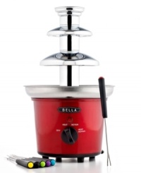 Go with the flow! The life of the party for chocolate lovers, this fountain cascades the sweet stuff over two tiers and then channels it back up to the top of the tower. Simply add two pounds of melted chocolate and start dipping. 1-year warranty. Model 13715. Go with the flow! The life of the party for chocolate lovers, this fountain cascades the sweet stuff over two tiers and then channels it back up to the top of the tower. Simply add two pounds of melted chocolate and start dipping. 1-year warranty. Model 13715.