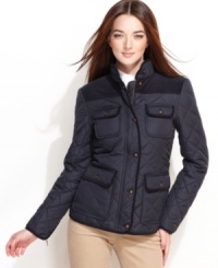 Tommy Hilfiger updates a classic quilted barn jacket with braided trim, appealing corduroy patches and insets. Tommy Hilfiger updates a classic quilted barn jacket with braided trim, appealing corduroy patches and insets.