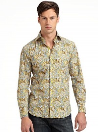 THE LOOKSpirited Euro stylingBright paisley print on crisp poplinSignature square buttonsSpread collar with single button at backLong sleeves with button cuffsRibbon trim inside collar, placket and at cuff placketContrast embroidered logo at back yokeTHE MATERIALCottonCARE & ORIGINMachine washImported THE LOOKSpirited Euro stylingBright paisley print on crisp poplinSignature square buttonsSpread collar with single button at backLong sleeves with button cuffsRibbon trim inside collar, placket and at cuff placketContrast embroidered logo at back yokeTHE MATERIALCottonCARE & ORIGINMachine washImported