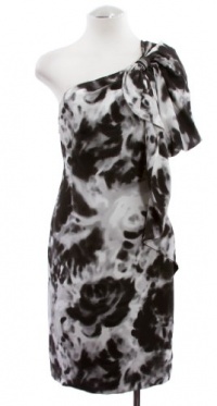 Anne Klein Black/White Multi Printed Silk Draped One Shoulder Dress With Bow Detail 12 Anne Klein Black/White Multi Printed Silk Draped One Shoulder Dress With Bow Detail 12