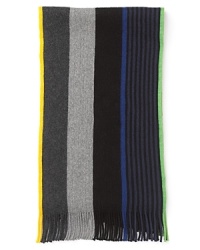 A fun multi-stripe scarf in soft cotton from Paul Smith, featuring fringed ends that carry the color through for an extra brilliant cold-weather accent. A fun multi-stripe scarf in soft cotton from Paul Smith, featuring fringed ends that carry the color through for an extra brilliant cold-weather accent.