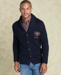 Vary your varsity style with this shawl collar sweater from Tommy Hilfiger. Vary your varsity style with this shawl collar sweater from Tommy Hilfiger.