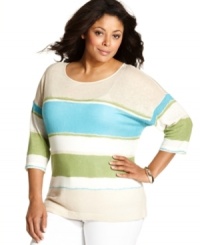 Top off your casual bottoms with Charter Club's three-quarter sleeve plus size sweater, finished by a striped pattern. (Clearance) Top off your casual bottoms with Charter Club's three-quarter sleeve plus size sweater, finished by a striped pattern. (Clearance)