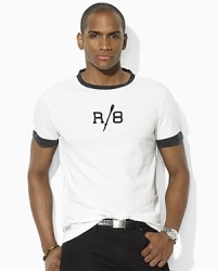 Cut with trim proportions through the body and a shorter hem, the classic ringer tee in airy cotton jersey is finished with a crew-inspired motif for an athletic look. Cut with trim proportions through the body and a shorter hem, the classic ringer tee in airy cotton jersey is finished with a crew-inspired motif for an athletic look.