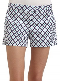 THE LOOKVibrant diamond patternMid-width waistband with belt loopsDual hook-and-eye tab closure with zip flyDual front slash pocketsDual back besom pocketsTHE FITRise, about 8Inseam, about 3THE MATERIAL97% cotton/3% spandex CARE & ORIGINDry cleanImportedModel shown is 5'10 (176cm) wearing US size 4. THE LOOKVibrant diamond patternMid-width waistband with belt loopsDual hook-and-eye tab closure with zip flyDual front slash pocketsDual back besom pocketsTHE FITRise, about 8Inseam, about 3THE MATERIAL97% cotton/3% spandex CARE & ORIGINDry cleanImportedModel shown is 5'10 (176cm) wearing US size 4.