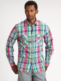 Breezy cotton in a casual shape, has vibrant plaid pattern, bright stitch details and contrast lining at the collar and cuffs.Point collar with interior velvet trim Long sleeves with button barrel cuffs Dual button flap pockets at chest Button front with velvet trim at placket Cotton Machine wash Imported Breezy cotton in a casual shape, has vibrant plaid pattern, bright stitch details and contrast lining at the collar and cuffs.Point collar with interior velvet trim Long sleeves with button barrel cuffs Dual button flap pockets at chest Button front with velvet trim at placket Cotton Machine wash Imported