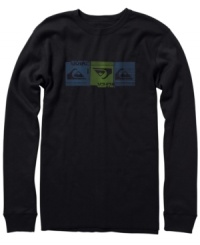 This cool graphic print long sleeve tee by Quicksilver has a microthermal waffle design great for layering. This cool graphic print long sleeve tee by Quicksilver has a microthermal waffle design great for layering.