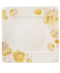 Bright and sunny, the Modern Grace Peonia dinner plate flowers in yellow, platinum and gold. A fresh square shape rendered in Villeroy & Boch china creates a distinct table setting for contemporary dining. Bright and sunny, the Modern Grace Peonia dinner plate flowers in yellow, platinum and gold. A fresh square shape rendered in Villeroy & Boch china creates a distinct table setting for contemporary dining.