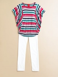 A cute, poncho-style design is splashed with a rainbow of striped colors and pretty flutter sleeves.CrewneckShort flutter sleevesPullover styleRound hemRayonMachine washImported A cute, poncho-style design is splashed with a rainbow of striped colors and pretty flutter sleeves.CrewneckShort flutter sleevesPullover styleRound hemRayonMachine washImported