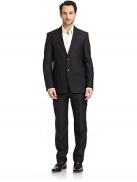 JACKETPeak lapelTwo-button frontChest welt pocketWaist flap pocketsLong sleeves with button cuffsVented back hemAbout 30 from shoulder to hemPANTSFlat frontBelt loopsZip fly with anchor buttonButton tab and hook-and-bar closureFront slash pockets; back buttoned welt pocketsLined in front to the kneeLeg openings, 8Rise, about 11Inseam JACKETPeak lapelTwo-button frontChest welt pocketWaist flap pocketsLong sleeves with button cuffsVented back hemAbout 30 from shoulder to hemPANTSFlat frontBelt loopsZip fly with anchor buttonButton tab and hook-and-bar closureFront slash pockets; back buttoned welt pocketsLined in front to the kneeLeg openings, 8Rise, about 11Inseam