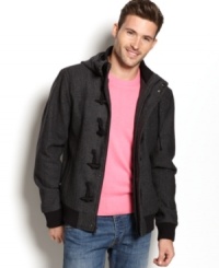 Layer up in classy style with this twill bomber by American Rag featuring stylish toggle buttons and a warm hood. Layer up in classy style with this twill bomber by American Rag featuring stylish toggle buttons and a warm hood.