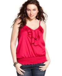 This plus size tank from American Rag features a flirty ruffle at the neckline and a smocked hem that means a fantastic fit. Perfect with jeans and cute wedges for a night out with friends! This plus size tank from American Rag features a flirty ruffle at the neckline and a smocked hem that means a fantastic fit. Perfect with jeans and cute wedges for a night out with friends!
