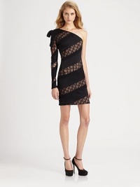 The drama is palpable in this one-shoulder sheath with diagonal insets of sheer scalloped lace alternating with elegant satin crepe.Diagonal necklineOne long sleeve with soft bow at shoulderSide zip closureAbout 19 from natural waistAcetate/viscoseDry cleanImportedSIZE & FITModel shown is 5'10 (177cm) wearing US size 4. The drama is palpable in this one-shoulder sheath with diagonal insets of sheer scalloped lace alternating with elegant satin crepe.Diagonal necklineOne long sleeve with soft bow at shoulderSide zip closureAbout 19 from natural waistAcetate/viscoseDry cleanImportedSIZE & FITModel shown is 5'10 (177cm) wearing US size 4.
