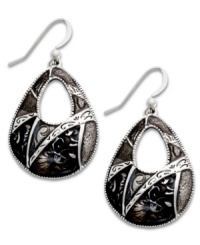 Decoratively detailed. An intricately textured surface stands out on these unique teardrop-shaped earrings from Style&co. Crafted in antique silver tone mixed metal with jet enamel, they're a chic choice for mixing and matching with your wardrobe. Approximate drop: 2 inches. Decoratively detailed. An intricately textured surface stands out on these unique teardrop-shaped earrings from Style&co. Crafted in antique silver tone mixed metal with jet enamel, they're a chic choice for mixing and matching with your wardrobe. Approximate drop: 2 inches.