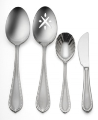 Understated simplicity produces an overall elegant effect in this Powercourt flatware from Waterford. The delicate crisscross pattern around the edge of each handle makes the set subtle enough to look great with virtually any table setting. Made of 18/10 stainless steel. Set includes butter knife, sugar spoon, serving spoon, and pierced spoon. Understated simplicity produces an overall elegant effect in this Powercourt flatware from Waterford. The delicate crisscross pattern around the edge of each handle makes the set subtle enough to look great with virtually any table setting. Made of 18/10 stainless steel. Set includes butter knife, sugar spoon, serving spoon, and pierced spoon.