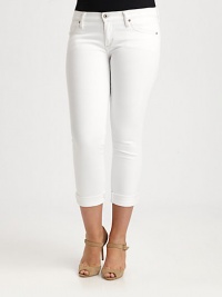 A cropped silhouette and a touch of stretch give these cotton jeans the incredible look that you will love.Button closureZip flyBelt loopsFront and back pocketsInseam, about 2599% cotton/1% Lycra®Machine washMade in USA A cropped silhouette and a touch of stretch give these cotton jeans the incredible look that you will love.Button closureZip flyBelt loopsFront and back pocketsInseam, about 2599% cotton/1% Lycra®Machine washMade in USA