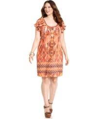 Score boho style with One World's short sleeve plus size dress, showcasing a sublimated-print. Score boho style with One World's short sleeve plus size dress, showcasing a sublimated-print.