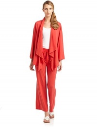THE LOOKDraped shawl collarOpen-front styleLong sleevesAsymmetrical hemTHE FITAbout 38 from shoulder to hemTHE MATERIAL62% polyester/33% rayon/5% spandexCARE & ORIGINMachine washImportedModel shown is 5'11 (180cm) wearing US size Small. THE LOOKDraped shawl collarOpen-front styleLong sleevesAsymmetrical hemTHE FITAbout 38 from shoulder to hemTHE MATERIAL62% polyester/33% rayon/5% spandexCARE & ORIGINMachine washImportedModel shown is 5'11 (180cm) wearing US size Small.