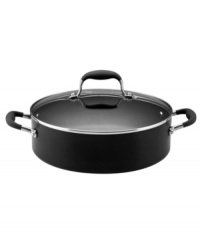 The cookware preferred by professional chefs. Deep, straight sides skip spills and splatters by creating a wide space for searing your favorite meats and adding liquids to braise, stew or de-glaze. A heavy gauge, hard-anodized aluminum exterior heats evenly without hot spots, and the DuPont Autograph® 2 nonstick finish coats the inside and outside for superior food release, cleanup and durability. Lifetime warranty. The cookware preferred by professional chefs. Deep, straight sides skip spills and splatters by creating a wide space for searing your favorite meats and adding liquids to braise, stew or de-glaze. A heavy gauge, hard-anodized aluminum exterior heats evenly without hot spots, and the DuPont Autograph® 2 nonstick finish coats the inside and outside for superior food release, cleanup and durability. Lifetime warranty.