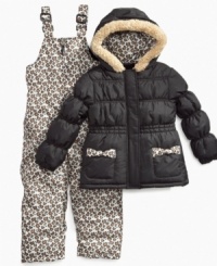 She can go for a snowy romp in this bib and jacket from Pink Platinum, a sweet, snugly style. She can go for a snowy romp in this bib and jacket from Pink Platinum, a sweet, snugly style.