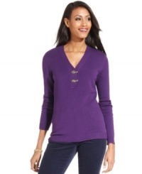 Cool metal claps up the ante on Charter Club's petite sweater. The V-neckline gives it casual appeal -- perfect for pairing with jeans! Cool metal claps up the ante on Charter Club's petite sweater. The V-neckline gives it casual appeal -- perfect for pairing with jeans!