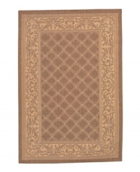 A traditional design updated with an invigorating breath of fresh air. Suitable for use both indoors and out, this garden-motif area rug, with its latticework of vines, will bring a touch of warmth to stone entryways, patio decks and all other outdoor gathering areas. Textured and gently colored with a soft palette that perfectly complements its natural surroundings. All-weather, pet friendly and resistant to all mold and mildew. One-year limited warranty. A traditional design updated with an invigorating breath of fresh air. Suitable for use both indoors and out, this garden-motif area rug, with its latticework of vines, will bring a touch of warmth to stone entryways, patio decks and all other outdoor gathering areas. Textured and gently colored with a soft palette that perfectly complements its natural surroundings. All-weather, pet friendly and resistant to all mold and mildew. One-year limited warranty.