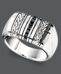 A bold strip of sparkle makes this men's ring really shine. Crafted in braided sterling silver, this wide band ring features a row of round-cut black diamonds (1/4 ct. t.w.). Size 8-12. A bold strip of sparkle makes this men's ring really shine. Crafted in braided sterling silver, this wide band ring features a row of round-cut black diamonds (1/4 ct. t.w.). Size 8-12.