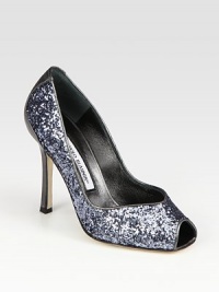 This showstopping metallic leather style has a glitter-encrusted upper and an ultra-skinny heel. Self-covered heel, 4 (100mm)Glitter-coated metallic leather upperLeather lining and solePadded insoleMade in Italy This showstopping metallic leather style has a glitter-encrusted upper and an ultra-skinny heel. Self-covered heel, 4 (100mm)Glitter-coated metallic leather upperLeather lining and solePadded insoleMade in Italy