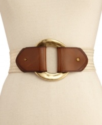 A hammered plaque closure adds textured intrigue to this straw belt from Steve Madden.