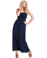 Lounge in the chic comfort of DKNY Jeans' sleeveless plus size maxi dress, accented by a crochet front. Lounge in the chic comfort of DKNY Jeans' sleeveless plus size maxi dress, accented by a crochet front.