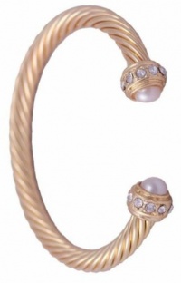 Gold Twisted Cuff Bracelet With Diamond and White Pearl Tips Inspired By David Yurman