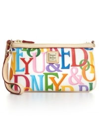 Color yourself fabulous! This vibrant wristlet by Dooney & Bourke features a signature print, solid trim and an iconic logo plaque at front. Color yourself fabulous! This vibrant wristlet by Dooney & Bourke features a signature print, solid trim and an iconic logo plaque at front.