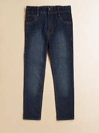 A classic pair of five-pocket jeans in a faded dark-wash with top-stitched pockets in a straight-leg silhouette.Front button closureAdjustable waistband with belt loopsZip flyFive-pocket styleCottonMachine washImported A classic pair of five-pocket jeans in a faded dark-wash with top-stitched pockets in a straight-leg silhouette.Front button closureAdjustable waistband with belt loopsZip flyFive-pocket styleCottonMachine washImported