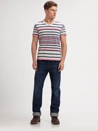 Multicolored stripes add a modern touch to this classic cotton v-neck. V-neckShort sleevesCottonMachine washMade in USA Multicolored stripes add a modern touch to this classic cotton v-neck. V-neckShort sleevesCottonMachine washMade in USA