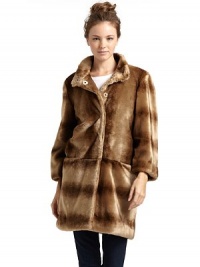 THE LOOKPlush faux fur in a variegated stripe patternStand collarSnap frontLong sleevesDual seam pocketsDropped waistBack princess seamsTHE FITAbout 37 from shoulder to hemTHE MATERIALAcrylic/polyester Fully linedCARE & ORIGINDry cleanImportedModel shown is 5'11 (180cm) wearing US size Small. THE LOOKPlush faux fur in a variegated stripe patternStand collarSnap frontLong sleevesDual seam pocketsDropped waistBack princess seamsTHE FITAbout 37 from shoulder to hemTHE MATERIALAcrylic/polyester Fully linedCARE & ORIGINDry cleanImportedModel shown is 5'11 (180cm) wearing US size Small.