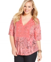 Lace up your casual look with One World's sublimated-print plus size top! Lace up your casual look with One World's sublimated-print plus size top!