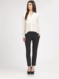 Opulent cotton jacquard, impeccably tailored in a sleek ankle-baring style.Tab-front waistBelt loopsZip-flySlash pocketsCuffed hemBack welt pocketsRise, about 8Inseam, about 2547% polyester/34% cotton/19% viscoseDry cleanMade in USA of imported fabricModel shown is 5'9½ (176cm) wearing US size 4. Opulent cotton jacquard, impeccably tailored in a sleek ankle-baring style.Tab-front waistBelt loopsZip-flySlash pocketsCuffed hemBack welt pocketsRise, about 8Inseam, about 2547% polyester/34% cotton/19% viscoseDry cleanMade in USA of imported fabricModel shown is 5'9½ (176cm) wearing US size 4.