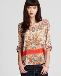 A bohemian beauty, this paisley Aqua top marries brilliant colors with a lightweight texture for summer's perfect look. Roll up the sleeves, pair with skinnies and head out for a celebration of '70s style. A bohemian beauty, this paisley Aqua top marries brilliant colors with a lightweight texture for summer's perfect look. Roll up the sleeves, pair with skinnies and head out for a celebration of '70s style.