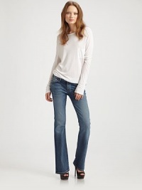 Five-pocket bootcut fit with minimal distressing and a hint of stretch designed just for petite frames.THE FITFitted through hips and thighsMedium rise, about 8Inseam, about 32THE DETAILSZip flyFive-pocket styleSignature stitch back patch pockets98% cotton/2% elastaneMachine washMade in USAModel shown is 5'10 (177cm) wearing US size 4. Five-pocket bootcut fit with minimal distressing and a hint of stretch designed just for petite frames.THE FITFitted through hips and thighsMedium rise, about 8Inseam, about 32THE DETAILSZip flyFive-pocket styleSignature stitch back patch pockets98% cotton/2% elastaneMachine washMade in USAModel shown is 5'10 (177cm) wearing US size 4.