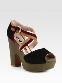 Panels of colorblocked suede upgrade this criss-cross design on a soft felt wedge. Felt-covered heel, 4¾ (120mm)Covered platform, 1¼ (30mm)Compares to a 3½ heel (90mm)Suede upperAdjustable ankle strapLeather lining and solePadded insoleMade in Italy Panels of colorblocked suede upgrade this criss-cross design on a soft felt wedge. Felt-covered heel, 4¾ (120mm)Covered platform, 1¼ (30mm)Compares to a 3½ heel (90mm)Suede upperAdjustable ankle strapLeather lining and solePadded insoleMade in Italy