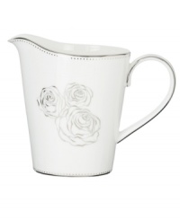 With Monique Lhuillier's designer touch, luxe bone china blossoms into the gorgeous Sunday Rose creamer. Featuring bands of platinum, luscious blooms and twinkling dots. With Monique Lhuillier's designer touch, luxe bone china blossoms into the gorgeous Sunday Rose creamer. Featuring bands of platinum, luscious blooms and twinkling dots.