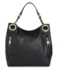 Posh and practical, this hold-everything tote from Steve Madden is accented with glam golden hardware and dressed from top-to-toe in faux snakeskin-embossed leather. It's ultra-roomy interior has perfectly placed pockets for phone, PDA and any other little essentials you need safely stowed away.