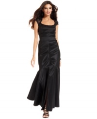 Dazzling details, like ruching, lace cap sleeves and a gorgeous mermaid hem, make this Xscape dress irresistible. Dazzling details, like ruching, lace cap sleeves and a gorgeous mermaid hem, make this Xscape dress irresistible.
