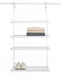 Meet your dream closet. It's easy to add extra shelving to your cluttered closet-no tools or installation required. This innovative idea simply attaches to your existing shelving & nearly doubles your space & organizes it, too. 1-year warranty. Meet your dream closet. It's easy to add extra shelving to your cluttered closet-no tools or installation required. This innovative idea simply attaches to your existing shelving & nearly doubles your space & organizes it, too. 1-year warranty.