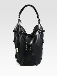 A luxurious pebbled-leather style with smooth leather trim in a strapped design.Top handle, 6 dropTop zip closureOne inside zip pocketFully lined8½W X 11¾H X 7¾DImported A luxurious pebbled-leather style with smooth leather trim in a strapped design.Top handle, 6 dropTop zip closureOne inside zip pocketFully lined8½W X 11¾H X 7¾DImported