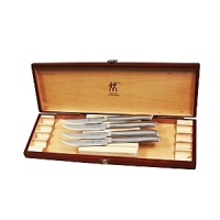 Since 1731, professional chefs and home cooks have turned to J.A. Henckels for the finest in cutlery. In that proud tradition, their stainless steel steak knife set is elegantly presented in a wood storage box. Since 1731, professional chefs and home cooks have turned to J.A. Henckels for the finest in cutlery. In that proud tradition, their stainless steel steak knife set is elegantly presented in a wood storage box.